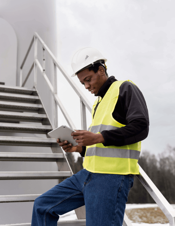 An engineer looking at his tablet on site